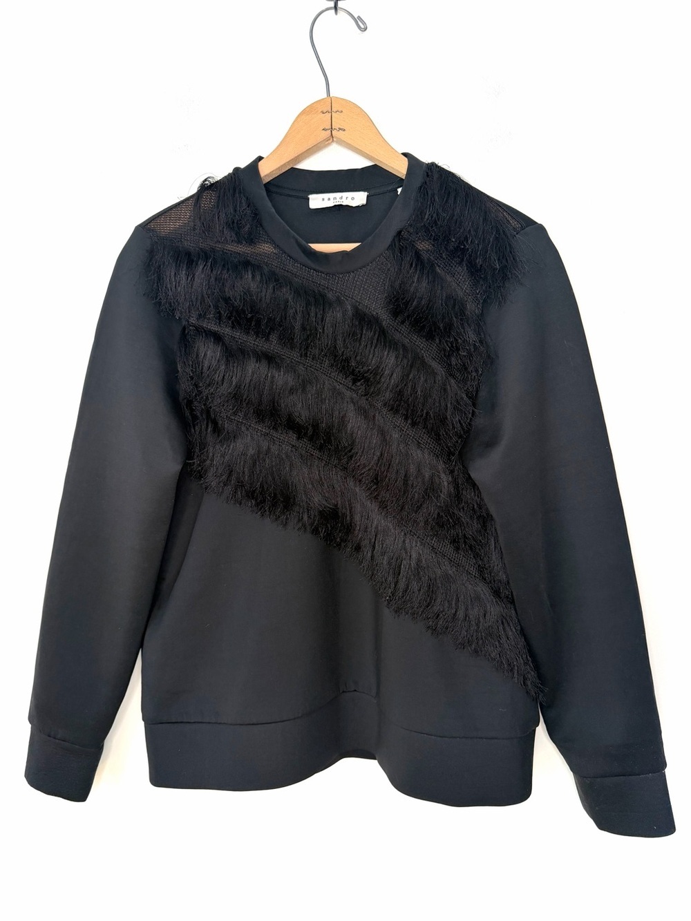 Sandro Paris Black Fringe Trim Crewneck Pullover Sweatshirt Size 3 US 6